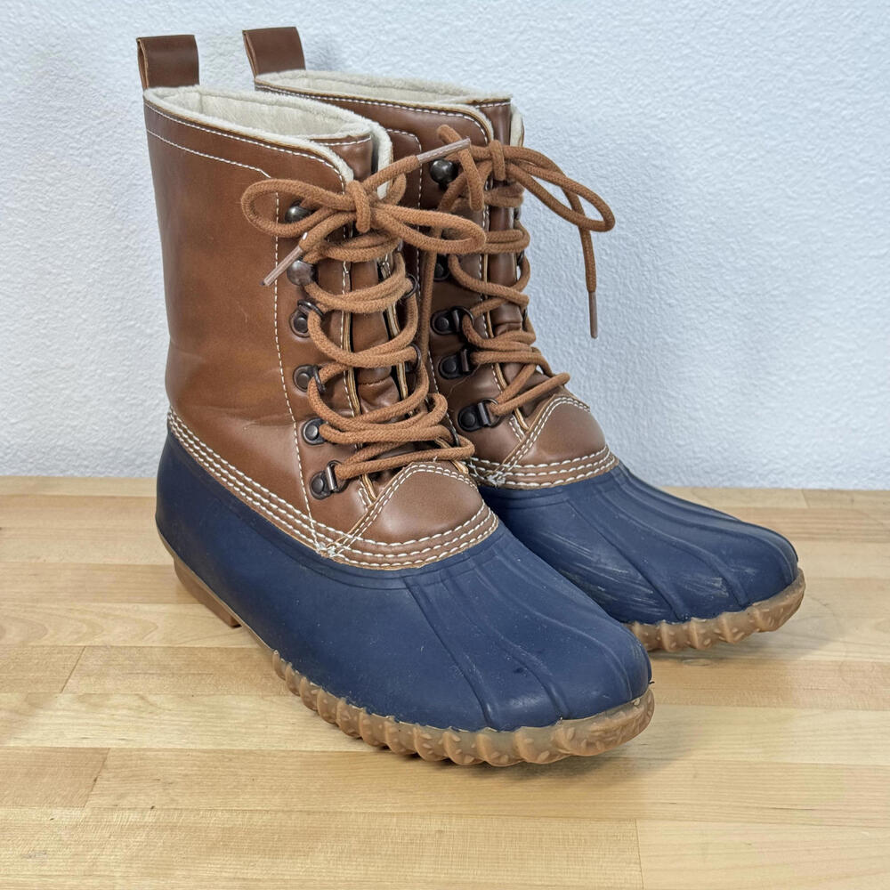 Esprit Women's Blue and Brown Lace Faux Fur Lined Winter Duck Boots Size 8M